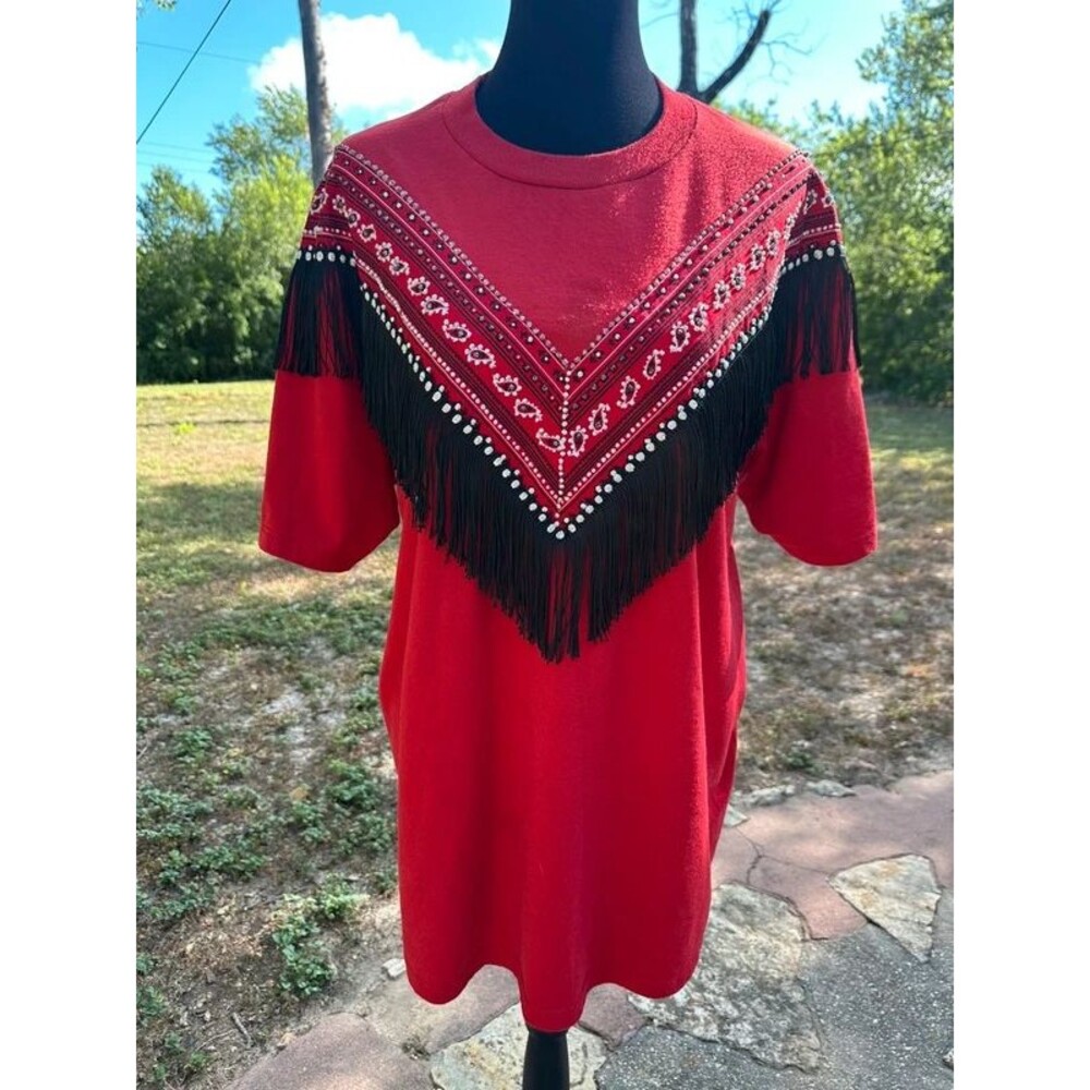 Vintage 80s 90s Sunbelt Western Bandana Fringe Puff Paint Shirt XL Southwest USA